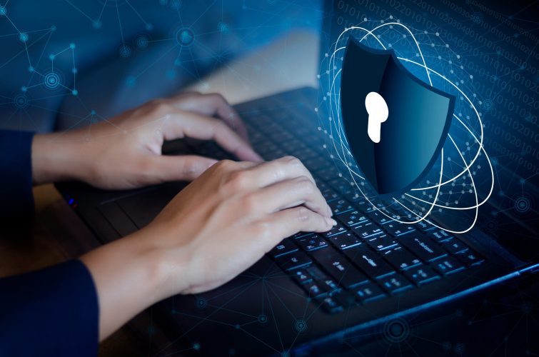 Press enter button on the keyboard computer Shield cyber Key loc Press enter button on the keyboard computer Shield cyber Key lock security system abstract technology world digital link cyber security on hi tech Dark blue background, Enter password to log in. lock finger Keyboard